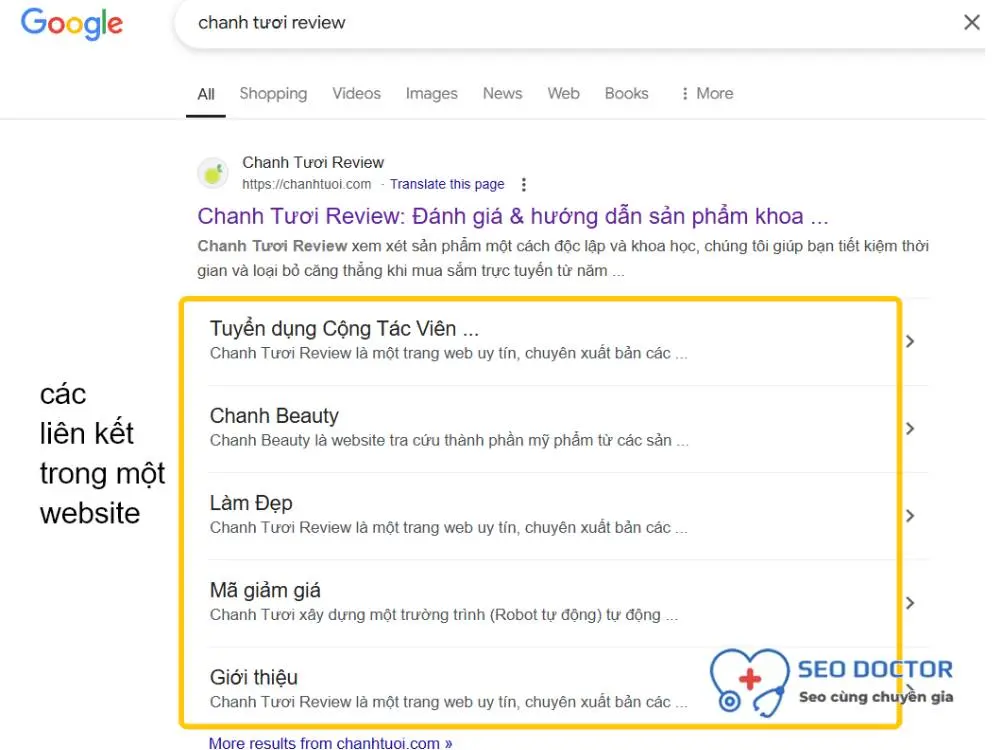 Các trang con trong website xuất hiện dưới kết quả chính trên tràn tìm kiếm