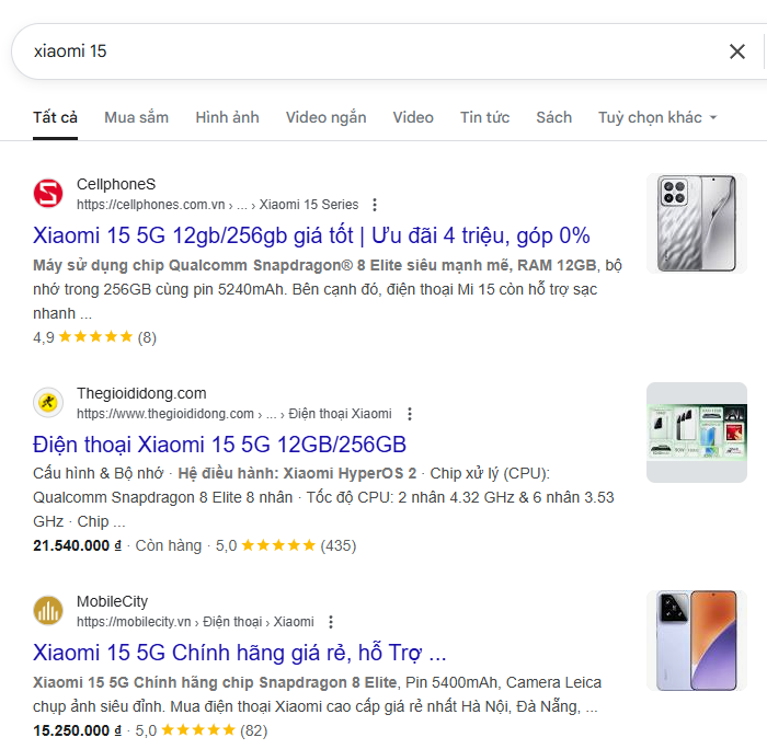 Ví dụ về việc ý định tìm kiếm ảnh hưởng tới trang đích